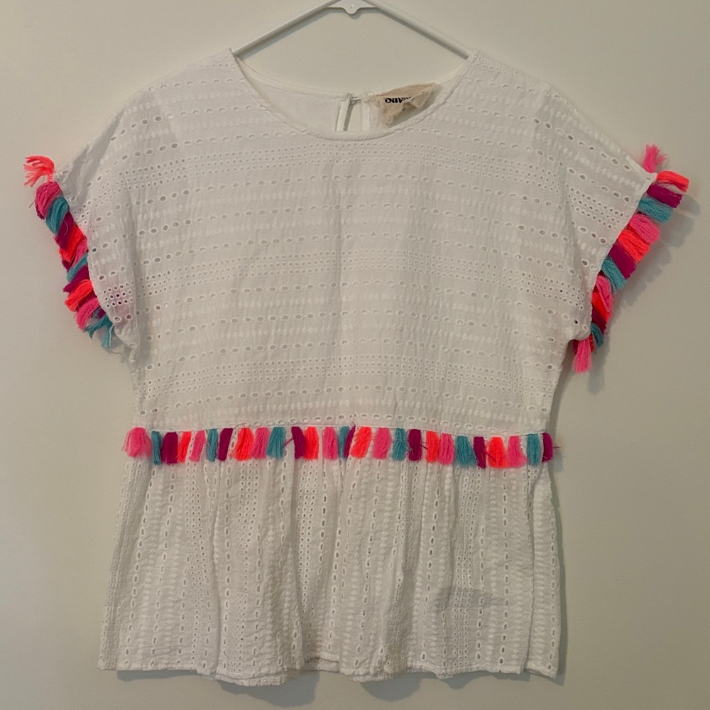 White Eyelet Top with Pink & Teal Tassels